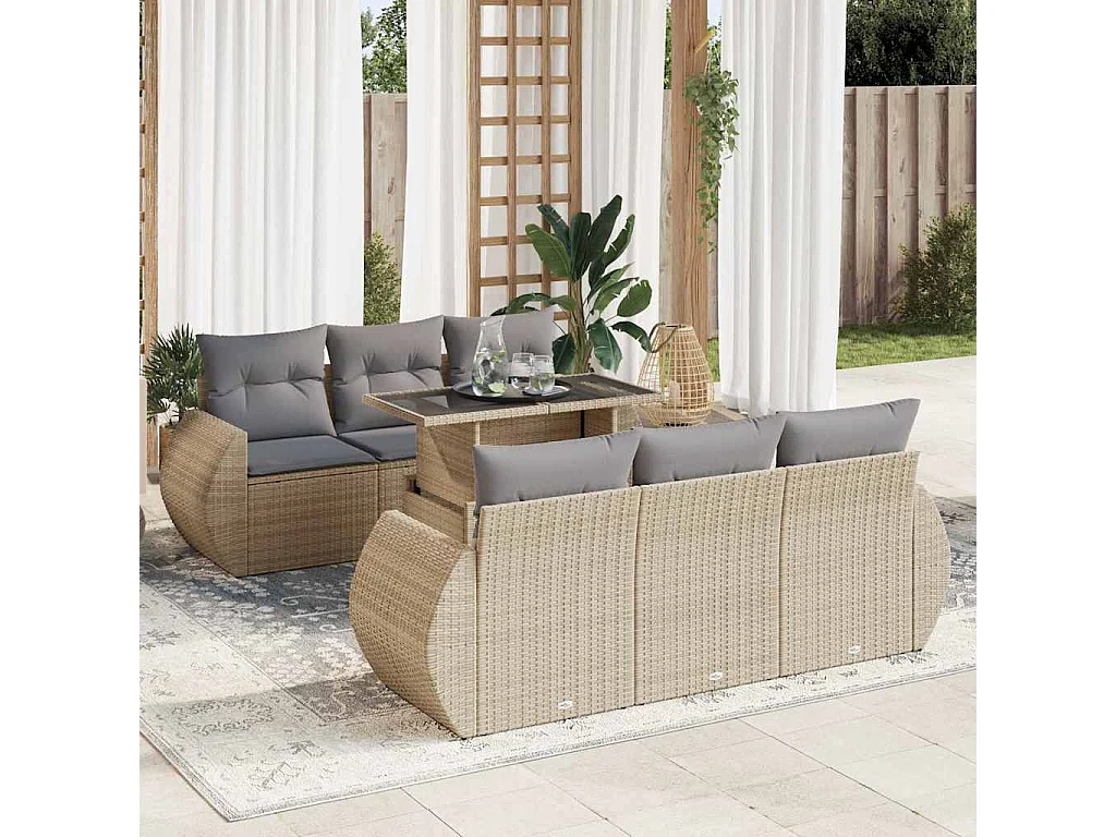 7-delige Loungeset met kussens poly rattan beige