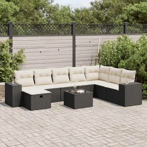 9-delige Loungeset met kussens poly rattan zwart 9-delige Loungeset met kussens poly rattan zwart