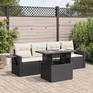 5-delige Loungeset met kussens poly rattan zwart 5-delige Loungeset met kussens poly rattan zwart