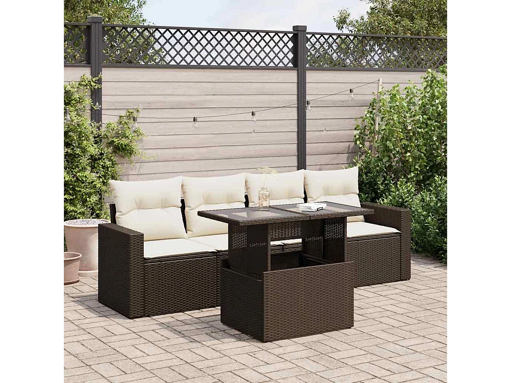 5-delige Loungeset met kussens poly rattan bruin
