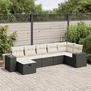 7-delige Loungeset met kussens poly rattan zwart 7-delige Loungeset met kussens poly rattan zwart