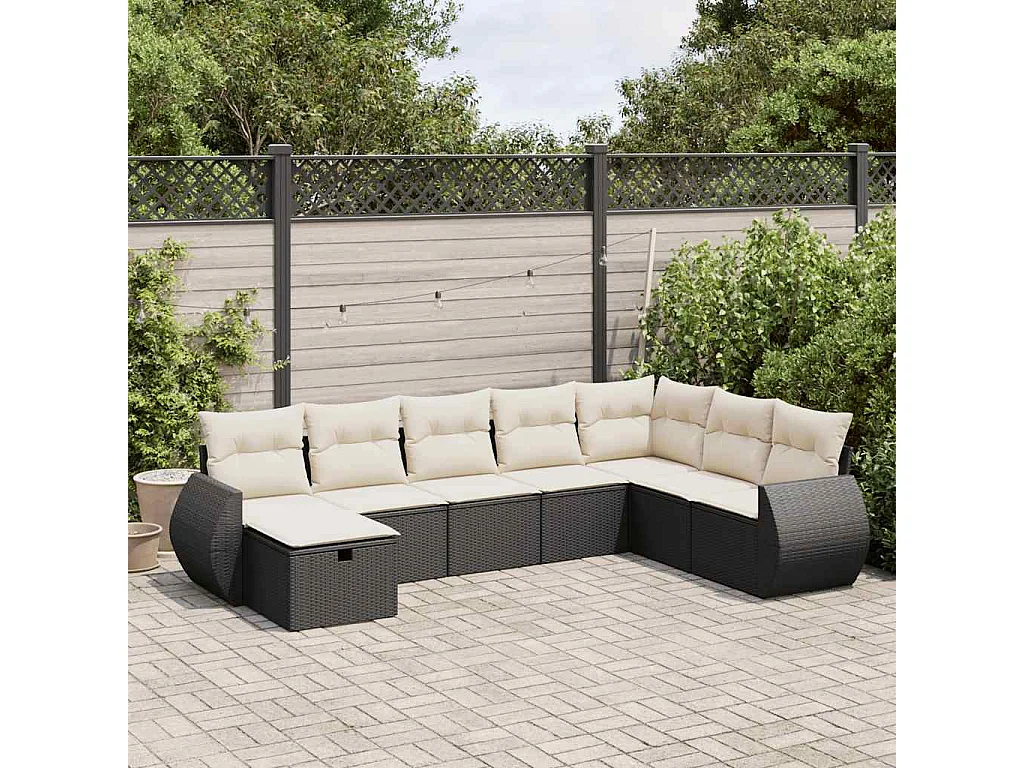 8-delige Loungeset met kussens poly rattan zwart