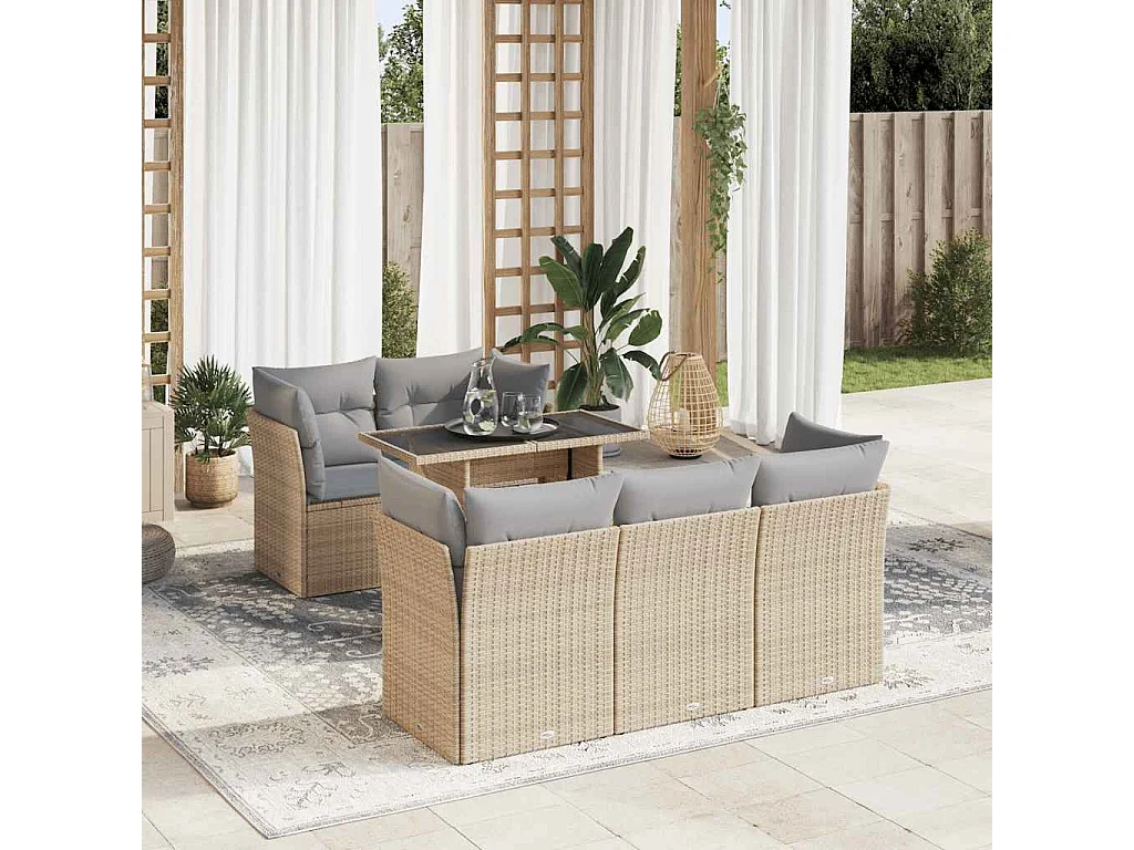 6-delige Loungeset met kussens poly rattan beige