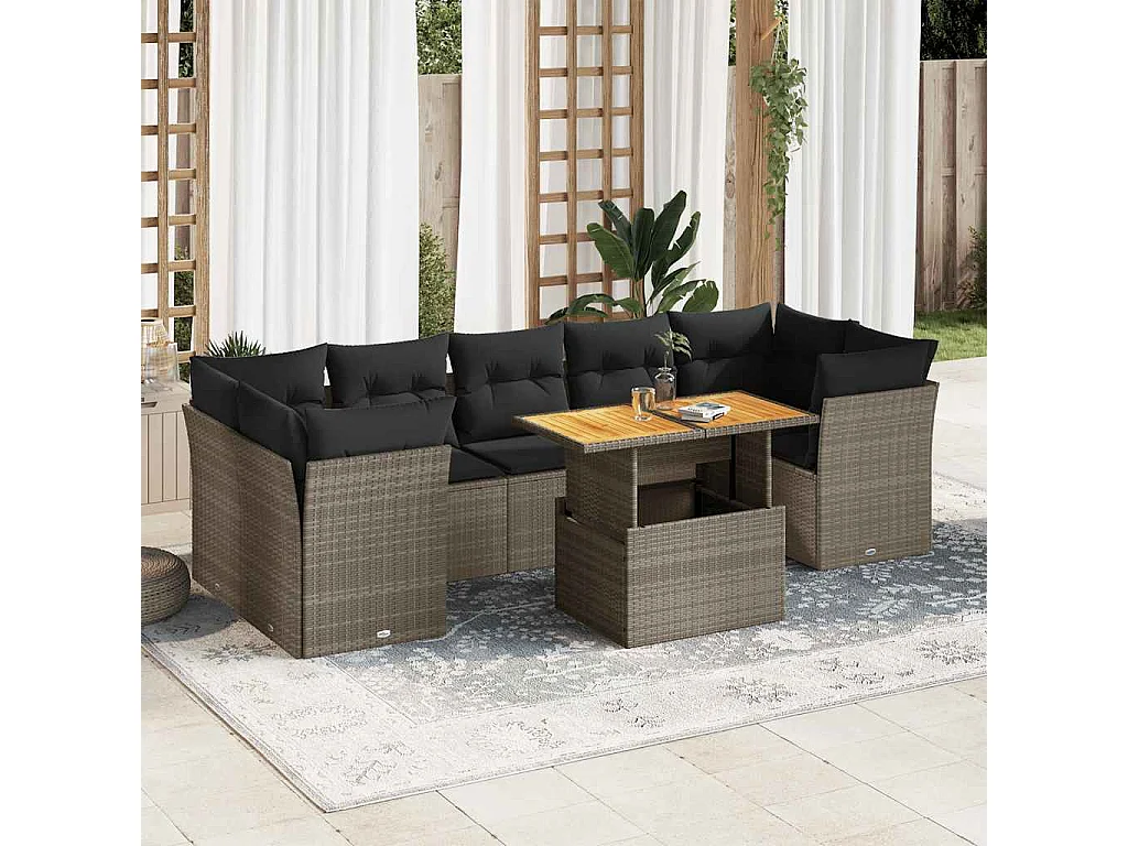 8-delige Loungeset met kussens poly rattan grijs