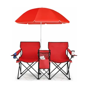 2-zits campingstoel met parasol,koeltas,bekerhouder en zijzak,inklapbare visstoel,vouwstoel,klapstoel voor kamperen,vissen,picknick (rood)AB92843 2-zits campingstoel met parasol,koeltas,bekerhouder en zijzak,inklapbare visstoel,vouwstoel,klapstoel voor kamperen,vissen,picknick (rood)AB92843