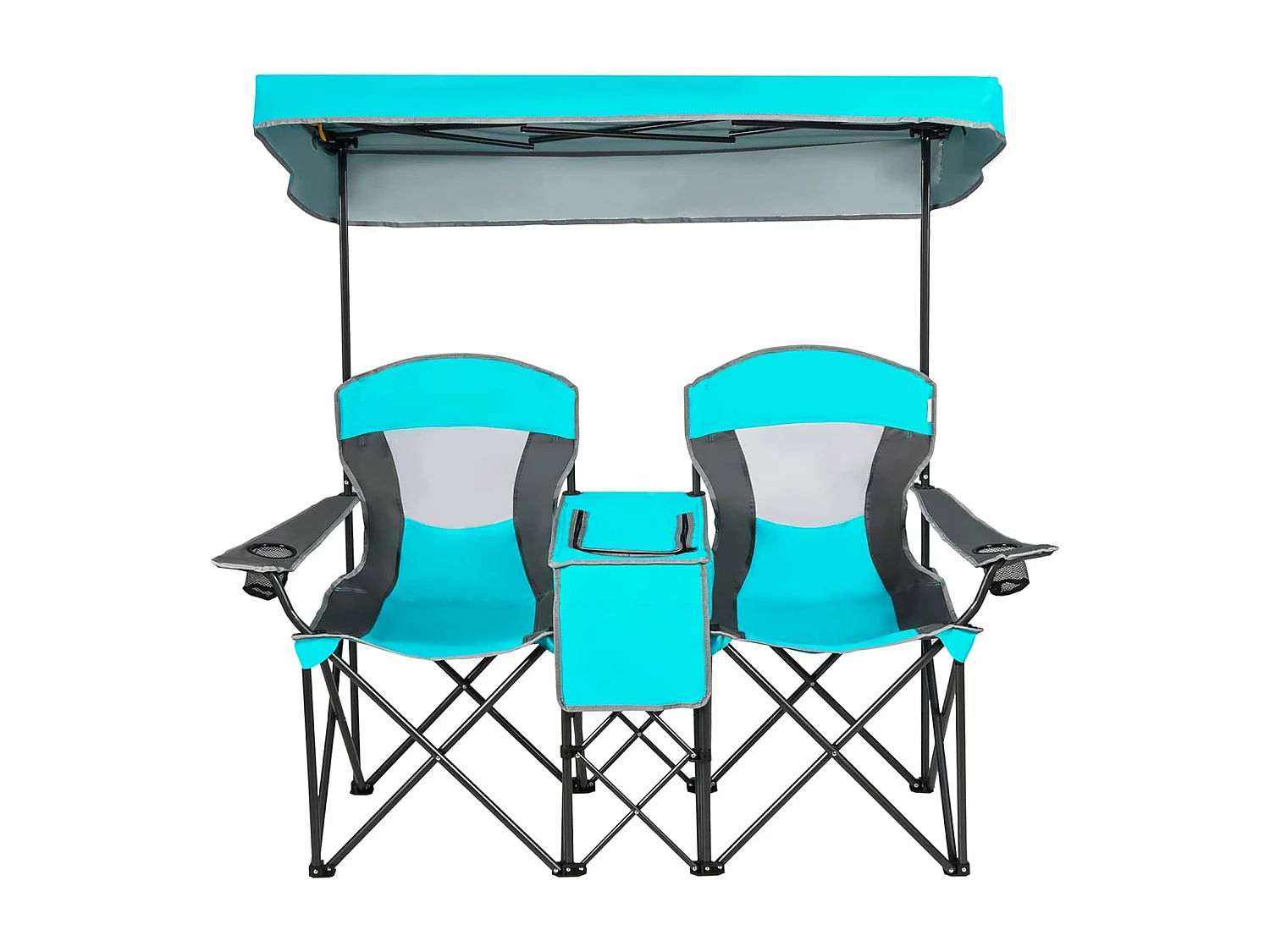 2-zits campingstoel met zonwering,mini-tafel,koeltas en bekerhouder,inklapbare visstoel,vouwstoel,klapstoel voor kamperen AB92781 (marineblauw)