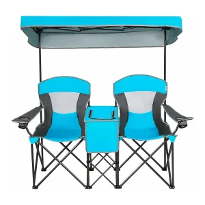 2-zits campingstoel met zonwering, mini-tafel koeltas en bekerhouder,inklapbare visstoel klapstoel voor kamperen, vissen, picknick (blauw)AB92781 2-zits campingstoel met zonwering, mini-tafel koeltas en bekerhouder,inklapbare visstoel klapstoel voor kamperen, vissen, picknick (blauw)AB92781