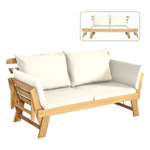Acacia Houten Omvormbare Slaapbank met Verstelbare Armleuningen, Inklapbare Chaise Longue, Buiten Slaapbank voor Tuin,(wit)AB93317