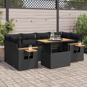 7-delige Loungeset met kussens poly rattan acacia zwart 7-delige Loungeset met kussens poly rattan acacia zwart
