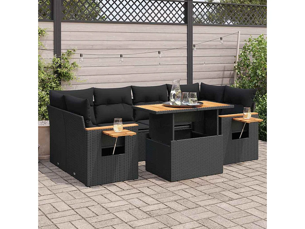 7-delige Loungeset met kussens poly rattan acacia zwart