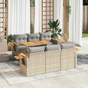 7-delige Loungeset met kussens poly rattan acacia beige 7-delige Loungeset met kussens poly rattan acacia beige