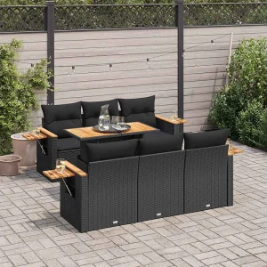 7-delige Loungeset met kussens poly rattan acacia zwart 7-delige Loungeset met kussens poly rattan acacia zwart