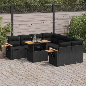 9-delige Loungeset met kussens poly rattan acacia zwart 9-delige Loungeset met kussens poly rattan acacia zwart