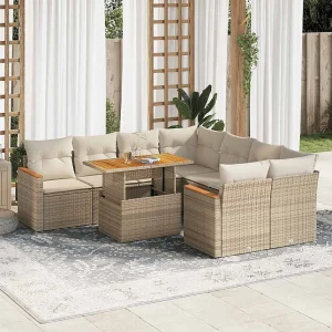 9-delige Loungeset met kussens poly rattan acacia beige 9-delige Loungeset met kussens poly rattan acacia beige
