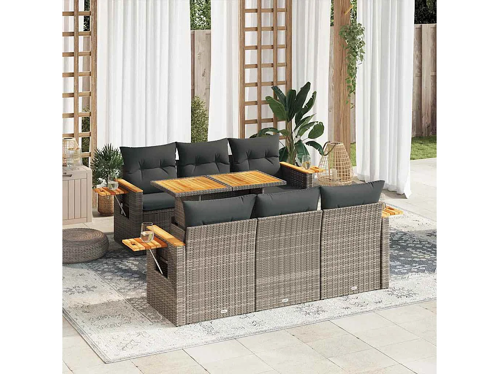 7-delige Loungeset met kussens poly rattan acacia grijs