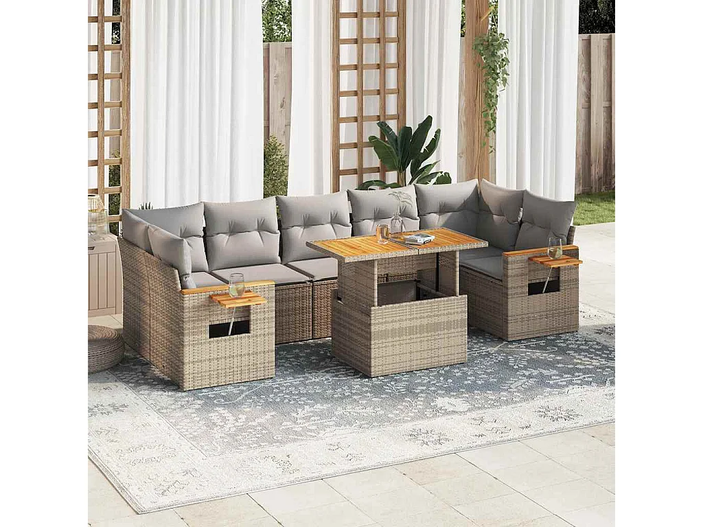 8-delige Loungeset met kussens poly rattan acacia beige