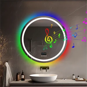 Badkamerspiegel 80x80cm RGB en LED verstelbaar + anti-condens + Bluetooth 5.2 + Klok + 3 kleuren 4 knoppen Badkamerspiegel 80x80cm RGB en LED verstelbaar + anti-condens + Bluetooth 5.2 + Klok + 3 kleuren 4 knoppen