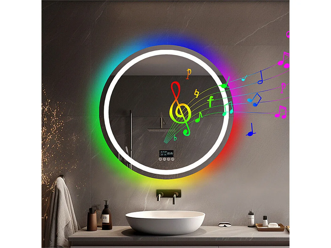 Badkamerspiegel 80x80cm RGB en LED verstelbaar + anti-condens + Bluetooth 5.2 + Klok + 3 kleuren 4 knoppen