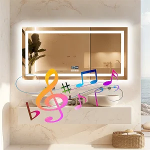 Badezimmerspiegel 100x60cm LED verstellbar + Antibeschlag + Bluetooth 5.2 + Uhr + 3 Farben 4 Tasten Badezimmerspiegel 100x60cm LED verstellbar + Antibeschlag + Bluetooth 5.2 + Uhr + 3 Farben 4 Tasten