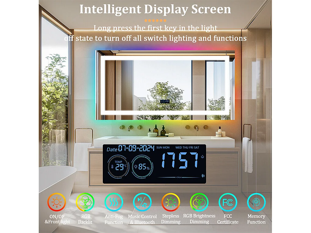 Badkamerspiegel 120x60cm RGB en LED verstelbaar + anti-condens + Bluetooth 5.2 + Klok + 3 kleuren 4 knoppen