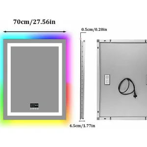 Badezimmerspiegel 90x70cm RGB und LED verstellbar + Antibeschlag + Bluetooth 5.2 + Uhr + 3 Farben 4 Tasten Badezimmerspiegel 90x70cm RGB und LED verstellbar + Antibeschlag + Bluetooth 5.2 + Uhr + 3 Farben 4 Tasten