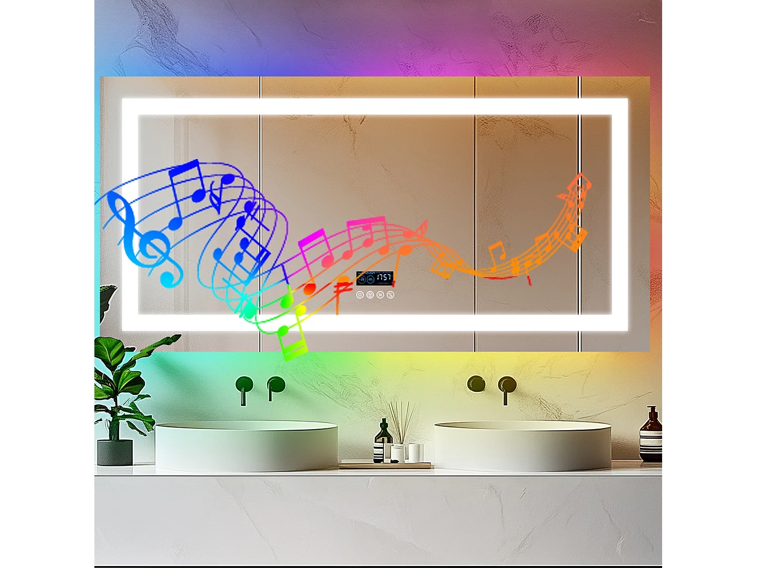 Badkamerspiegel 160x80cm RGB en LED verstelbaar + anti-condens + Bluetooth 5.2 + Klok + 3 kleuren 4 knoppen