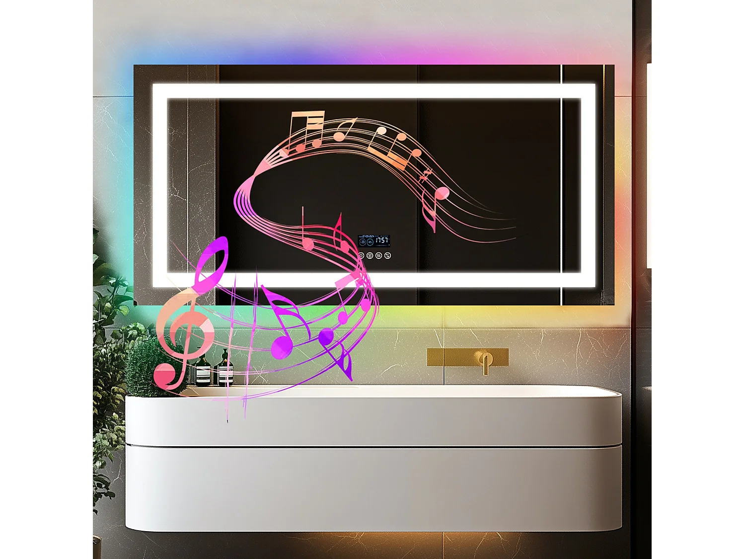 Badkamerspiegel 140x70cm RGB en LED verstelbaar + anti-condens + Bluetooth 5.2 + Klok + 3 kleuren 4 knoppen