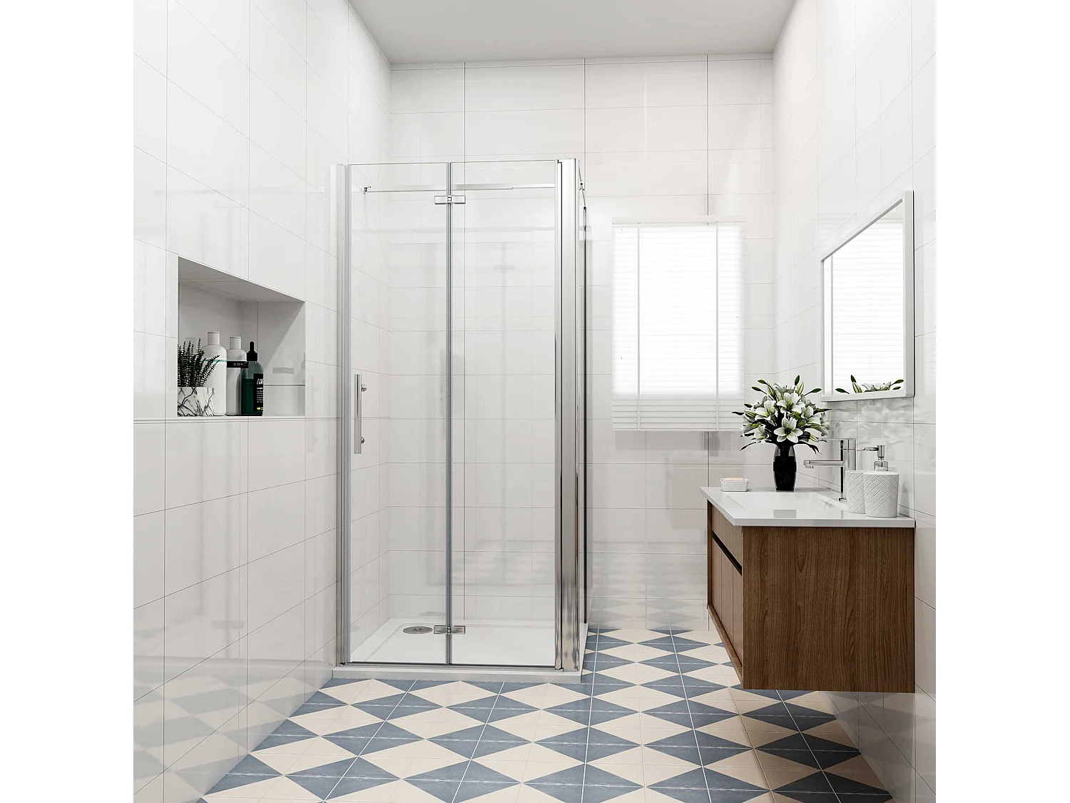 B:90xD:70x185cm,Douchecabine met vouwdeur en vaste zijwand ,NANO EasyClean veiligheidsglas,73-120cm Stabilisatiestang
