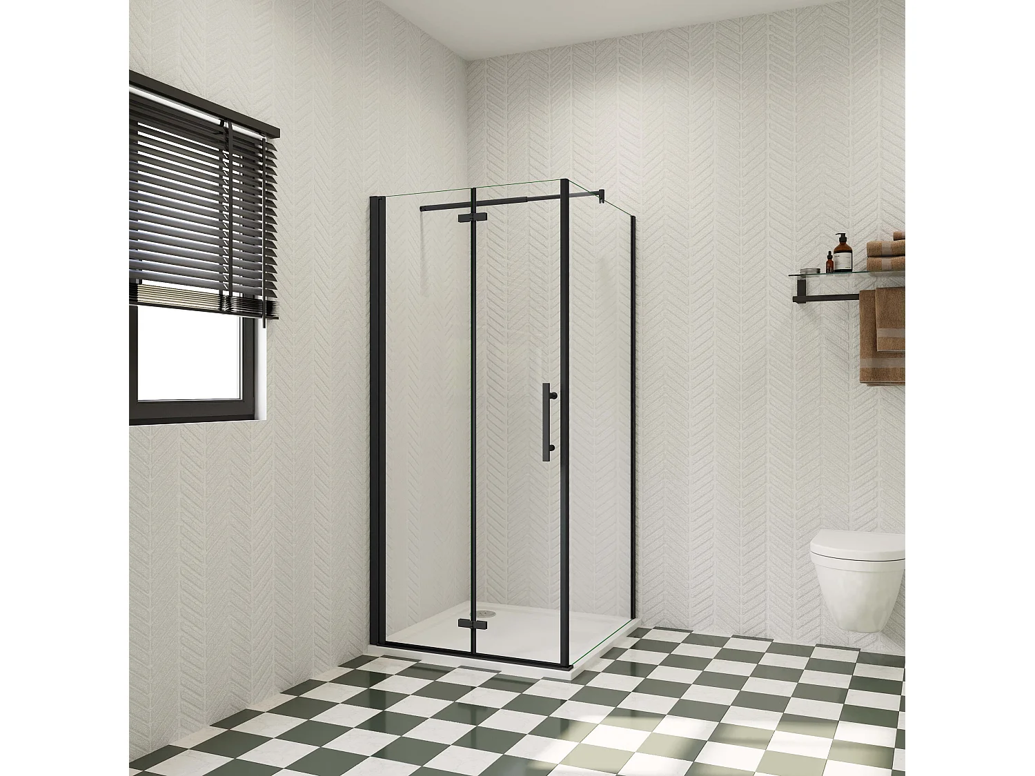 100x100x185cm douchecabine met inklapbare vouwdeur en vaste zijwand, 6mm helder EasyClean veiligheidsglas,mat zwarte aluminium frame, stabilisatiestang 70-120 cm