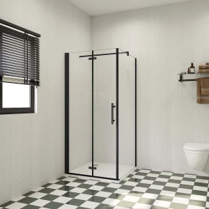 100x100x185 cm douchecabine met inklapbare vouwdeur en vaste zijwand 6mm helder EasyClean veiligheidsglas,mat zwarte aluminium frame, F-vorm 140cm Stabilisatiestang