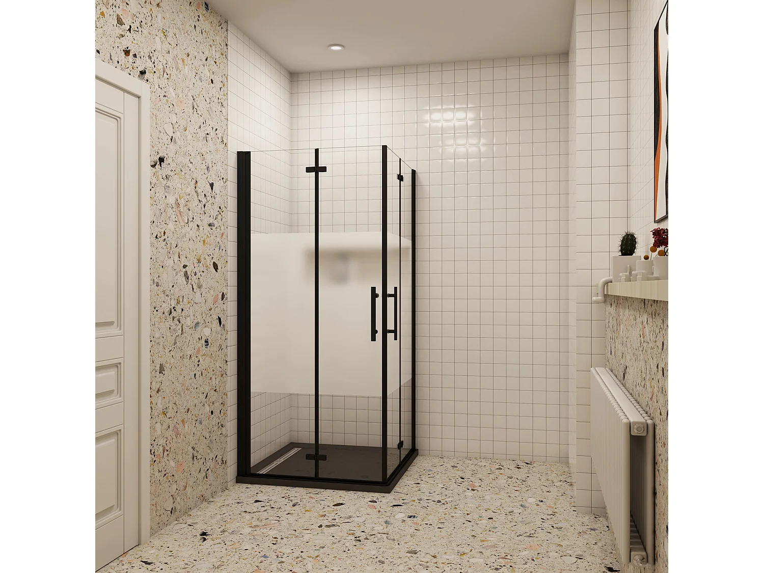 110x120x195cm Douchecabine Vierkant Hoekinstap Draaideur Antikalk Helder Glas Mat Zwart Profiel 6mm Veiligheidsglas Easy Clean,ondoorzichtige matte middenstrook