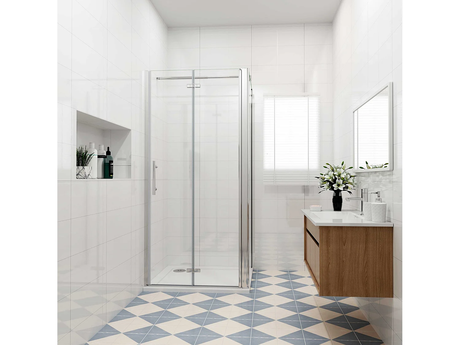 B:76xD:70x185cm,Douchecabine met vouwdeur en vaste zijwand ,NANO EasyClean veiligheidsglas,70-120cm Stabilisatiestang