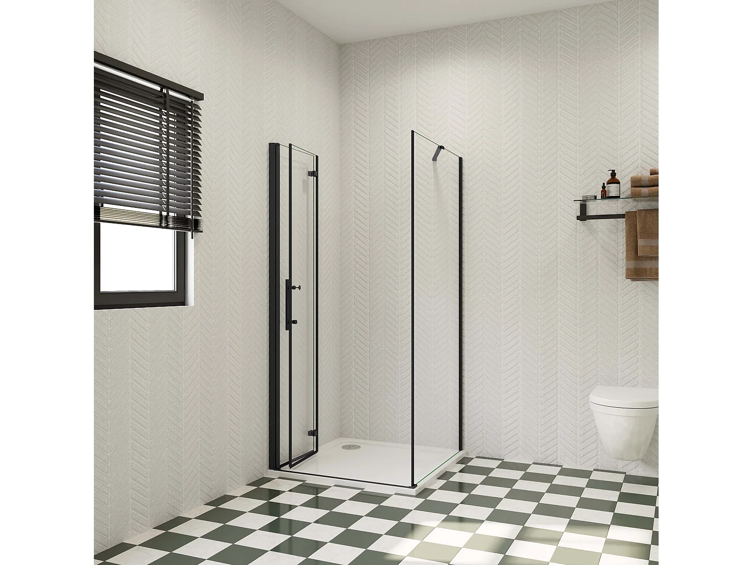 110x70x185cm douchecabine met inklapbare vouwdeur en vaste zijwand, 6mm helder EasyClean veiligheidsglas,mat zwarte aluminium frame, stabilisatiestang 50 cm