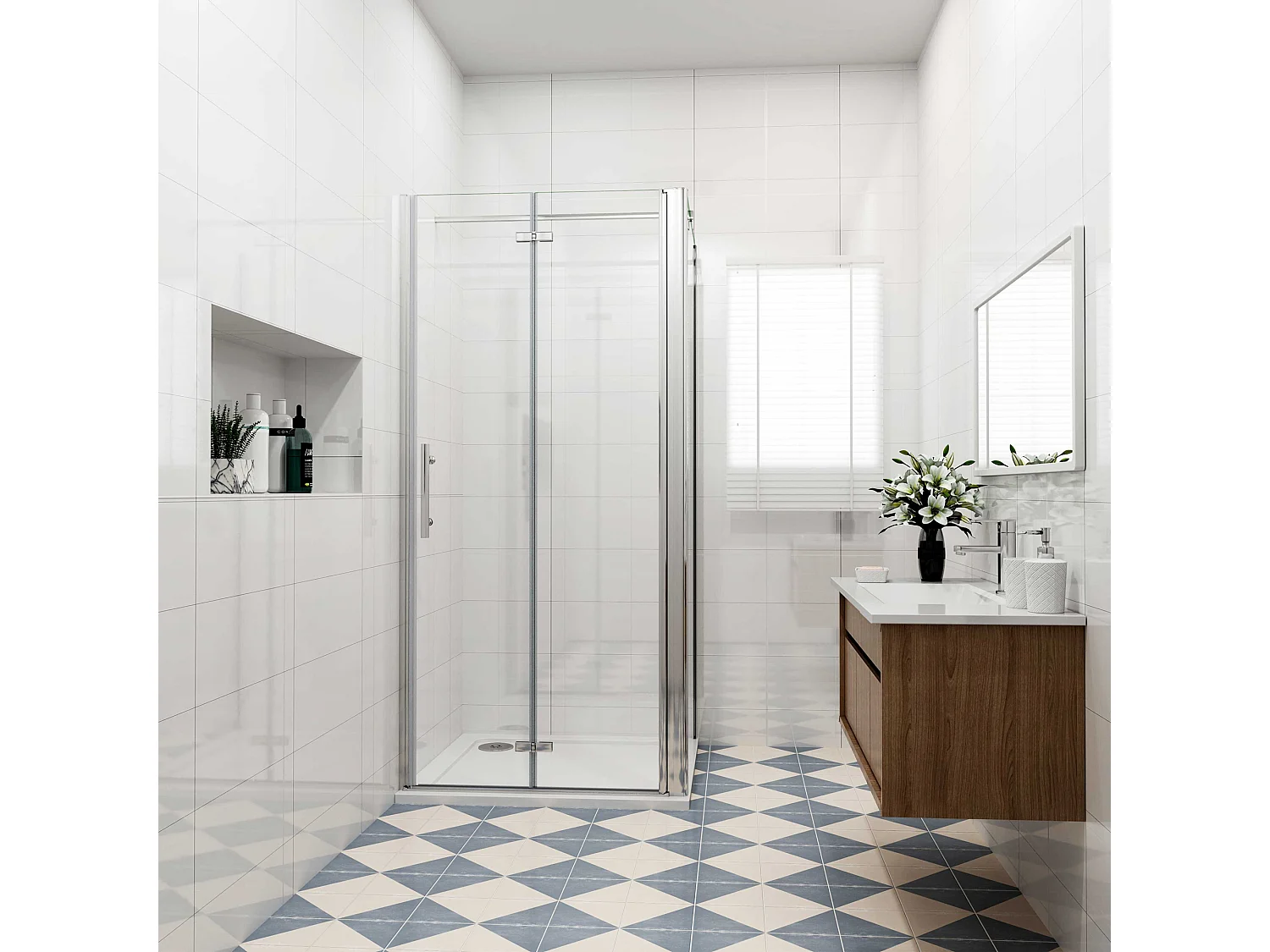 B:80xD:90x185cm,Douchecabine met vouwdeur en vaste zijwand ,NANO EasyClean veiligheidsglas,F-vorm 90 cm Stabilisatiestang