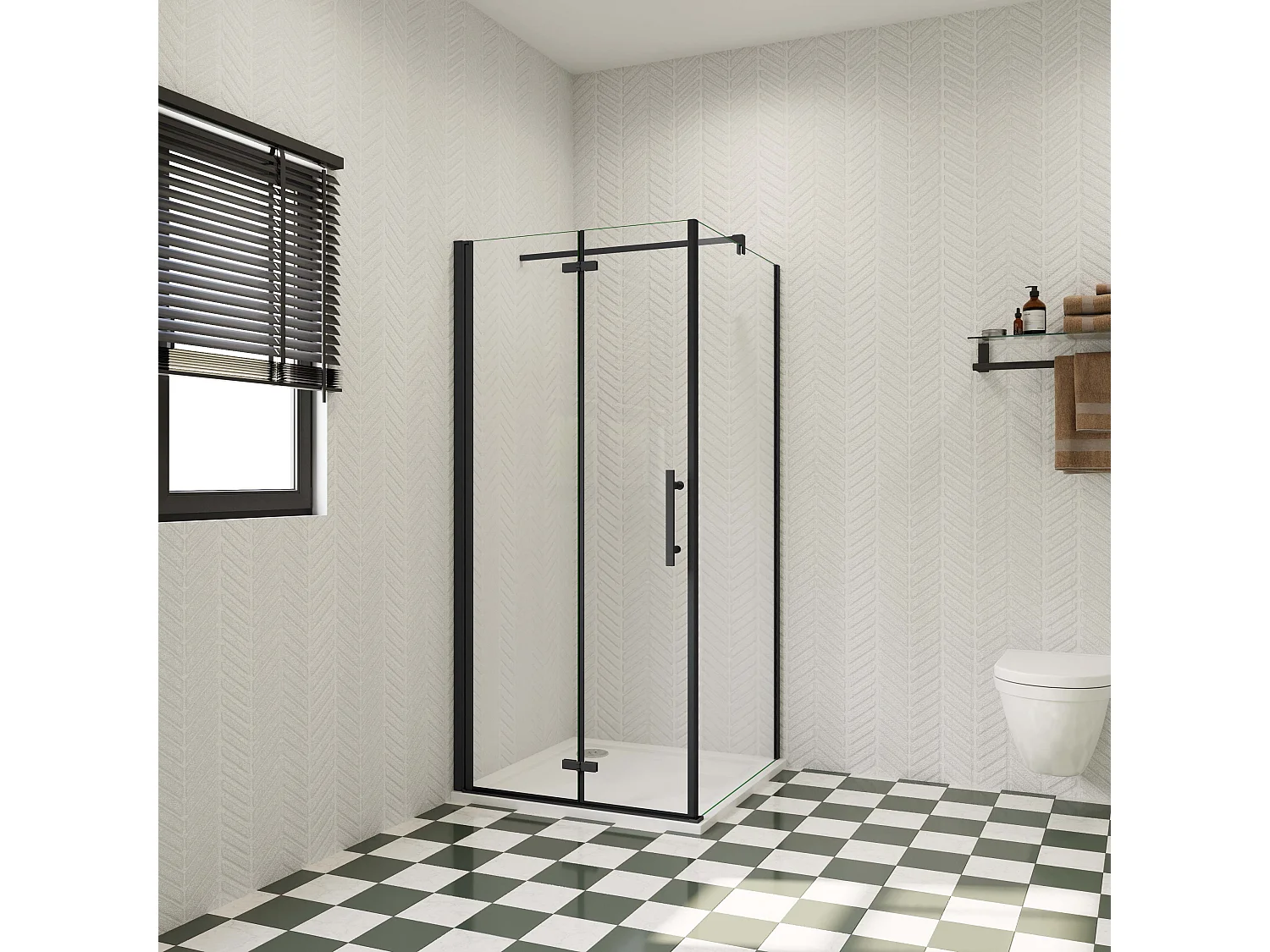 70x100x185 cm douchecabine met inklapbare vouwdeur en vaste zijwand, 6mm helder EasyClean veiligheidsglas,mat zwarte aluminium frame, F-vorm 90cm Stabilisatiestang