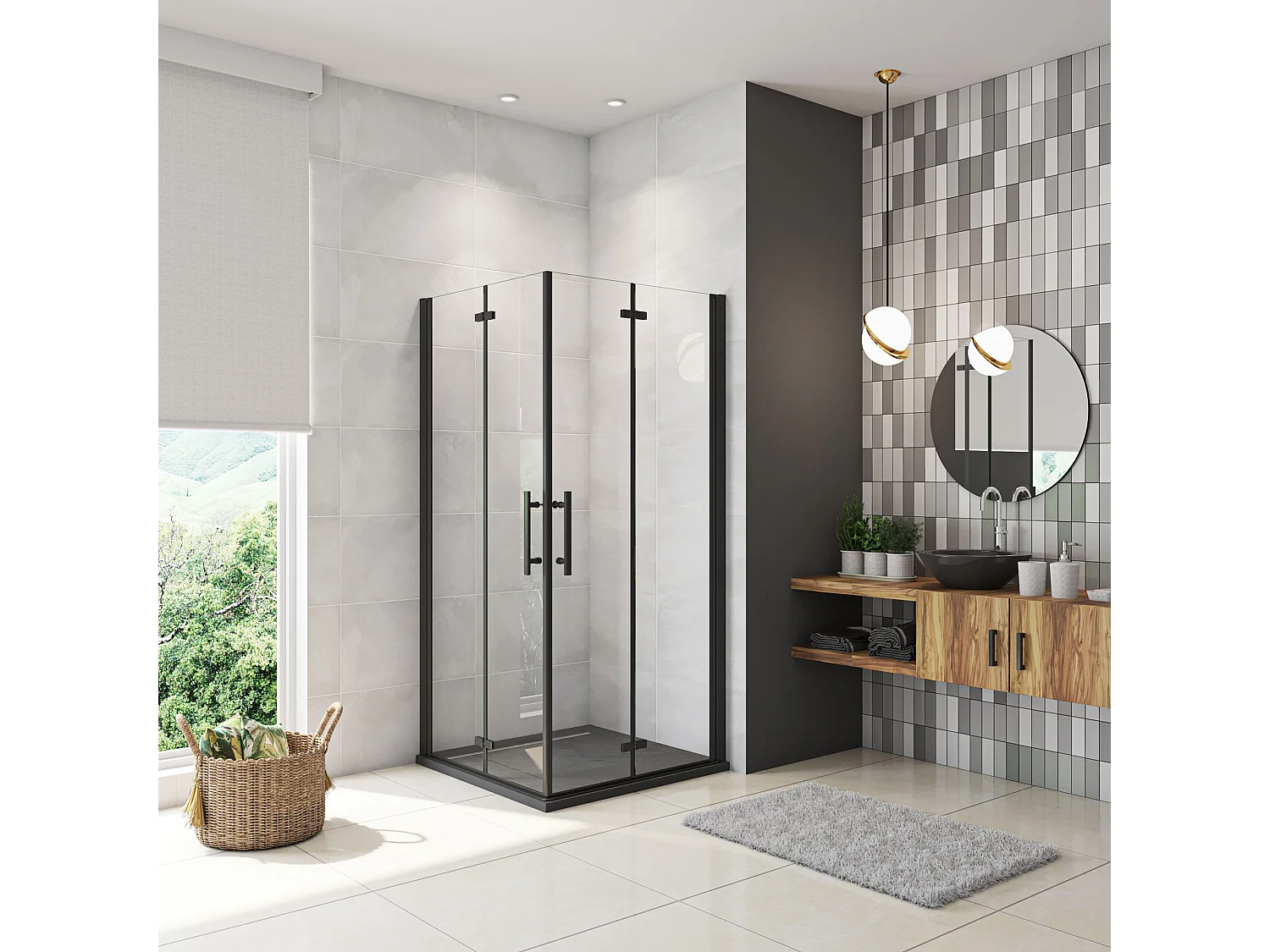 100x120x185cm Douchecabine Vierkant Hoekinstap Draaideur Antikalk Helder Glas Mat Zwart Profiel 6mm Veiligheidsglas Easy Clean