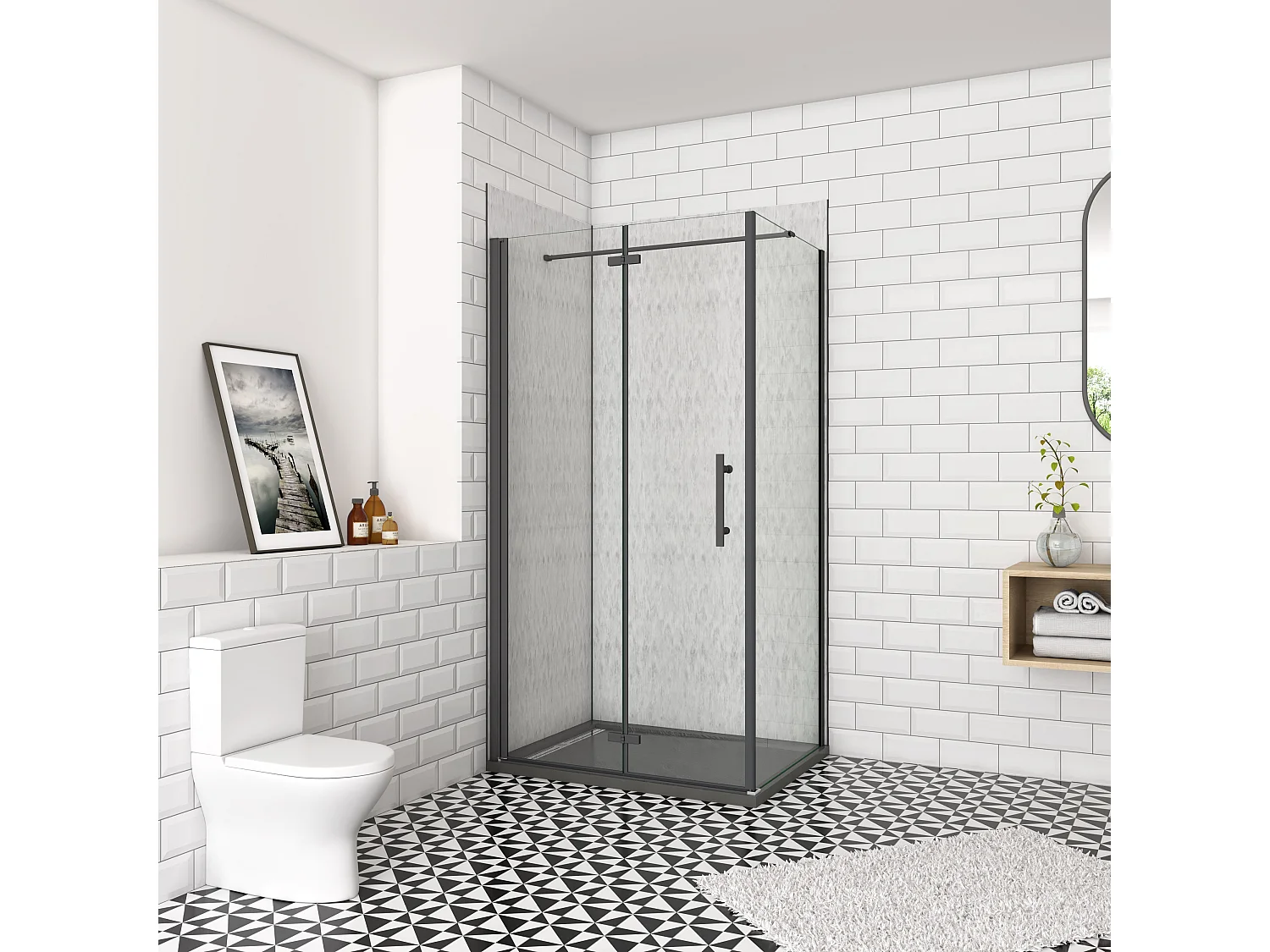 76x76x185cm douchecabine met inklapbare vouwdeur en vaste zijwand, 6mm helder EasyClean veiligheidsglas,mat zwarte aluminium frame, N-vorm 90cm Stabilisatiestang