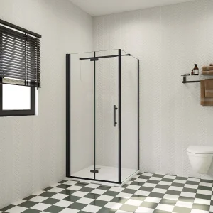 100x100x185cm douchecabine met inklapbare vouwdeur en vaste zijwand, 6mm helder EasyClean veiligheidsglas,mat zwarte aluminium frame, stabilisatiestang 73-120 cm