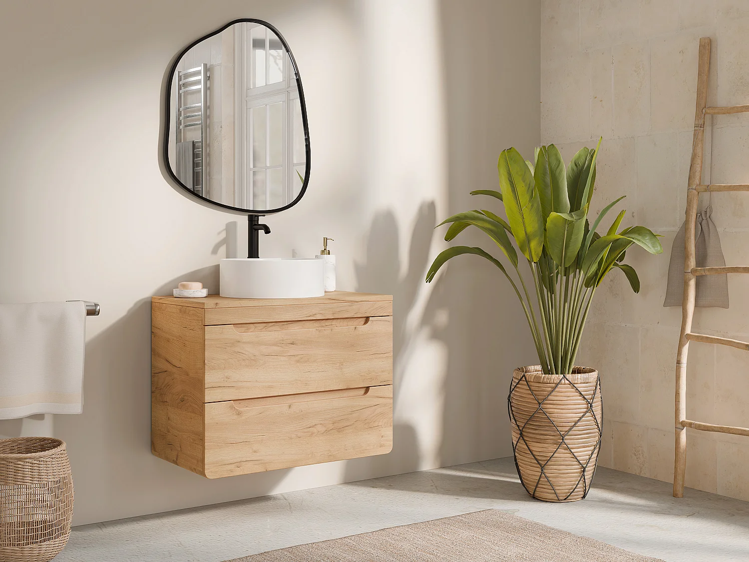 Hangend meubel onder waskom met plank - 80 cm - Licht naturel - ARUBA