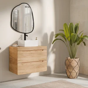 Zwevend badkamermeubel met vierkante opbouwwaskom – Naturel – 80 cm – ARUBA