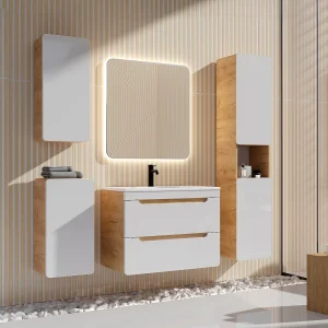 Naturelkleurig badkamermeubel 80 cm met inbouwwaskom en drie kolomkasten – ARUBA Naturelkleurig badkamermeubel 80 cm met inbouwwaskom en drie kolomkasten – ARUBA
