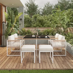 7-delige set van een eettafel en stoelen voor buiten, tafel van gehard glas, PE-rotan hoes, armleuningen van acaciahout 7-delige set van een eettafel en stoelen voor buiten, tafel van gehard glas, PE-rotan hoes, armleuningen van acaciahout