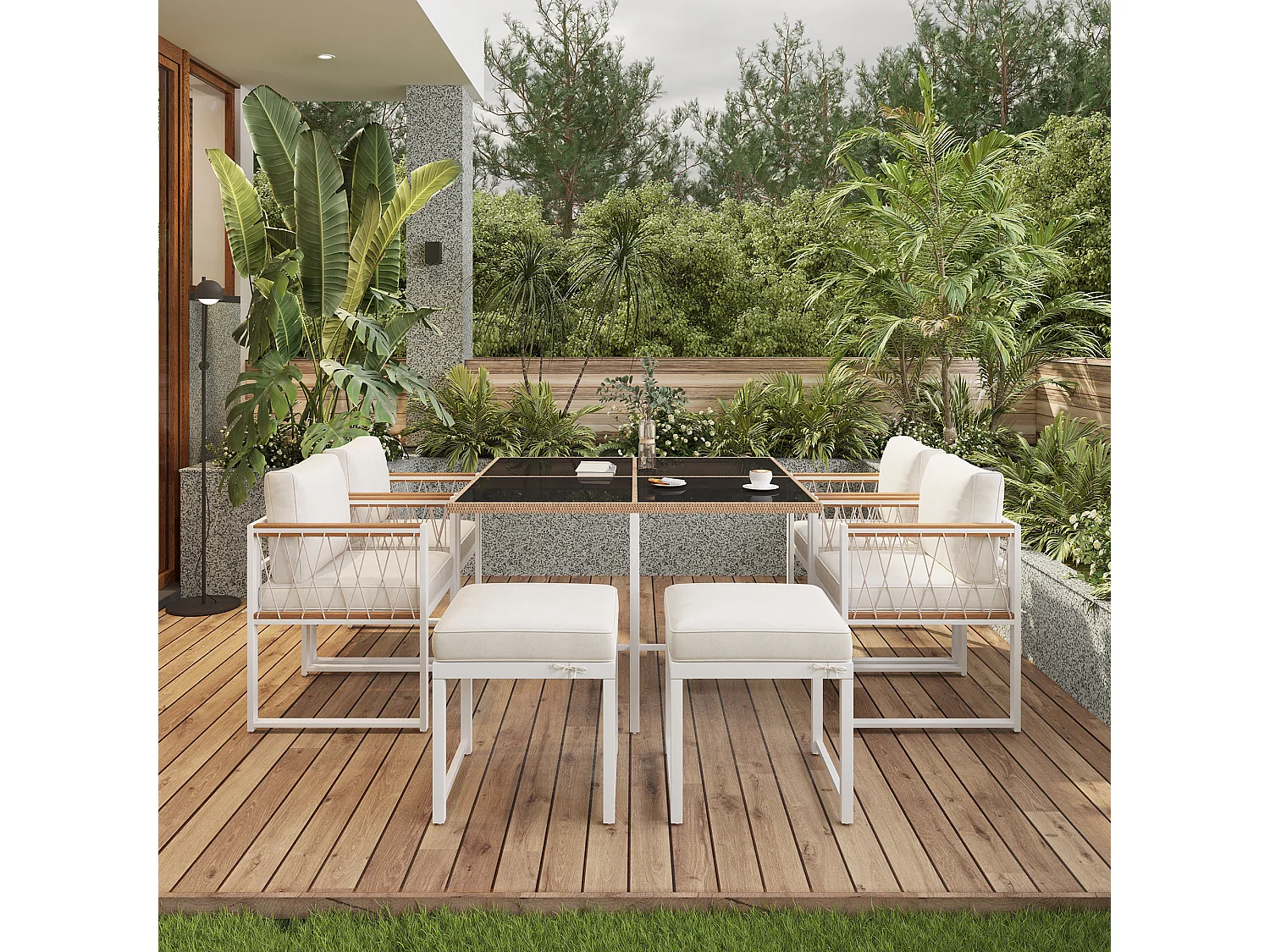 7-delige set van een eettafel en stoelen voor buiten, tafel van gehard glas, PE-rotan hoes, armleuningen van acaciahout
