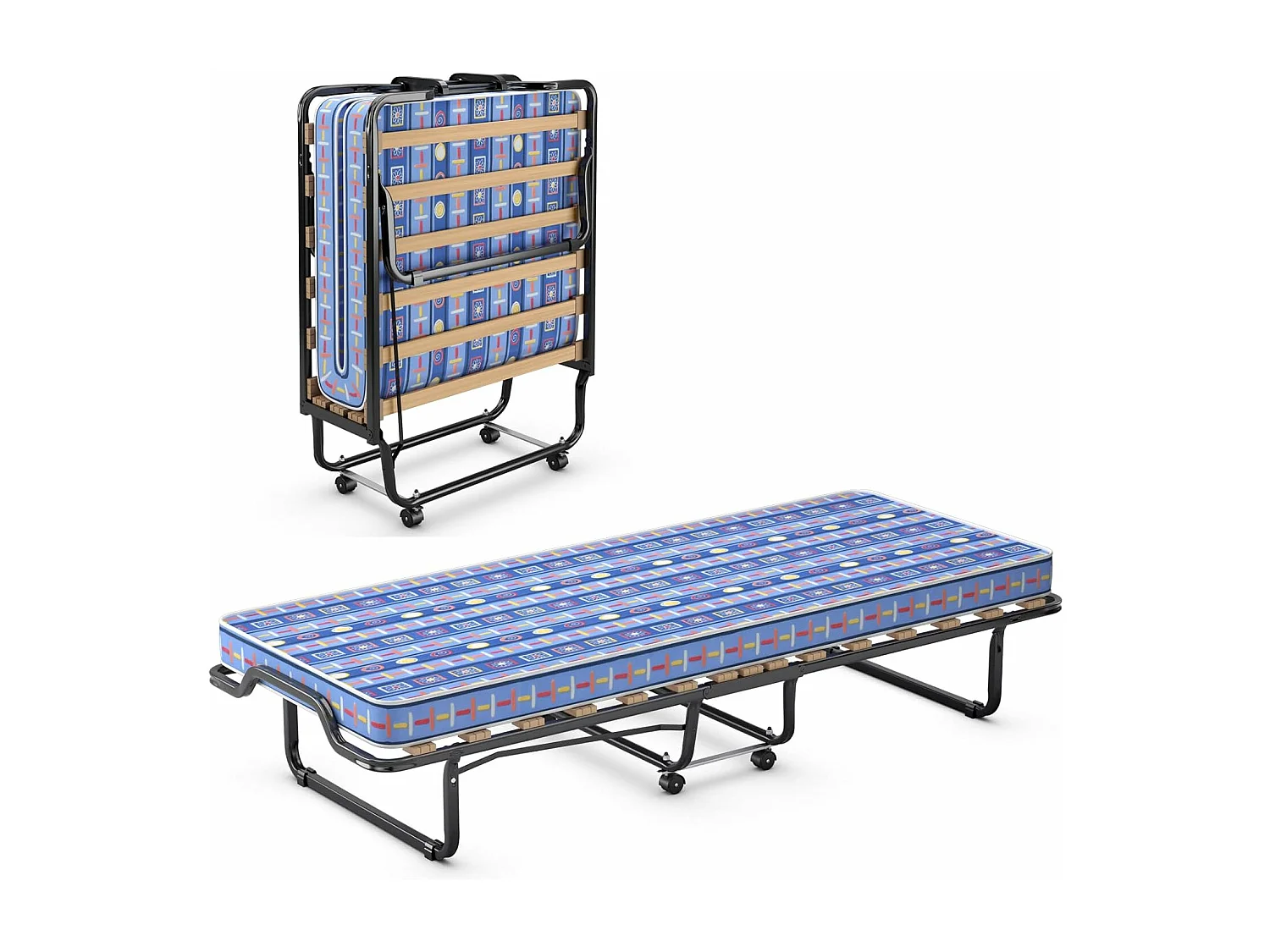 80 x 200 cm, logeerbed, inklapbaar, met matras van traagschuim, klapbed met stevig stalen frame, tot 120 kg, metalen bed op wielen, voor logeerkamer,blauwTI94034