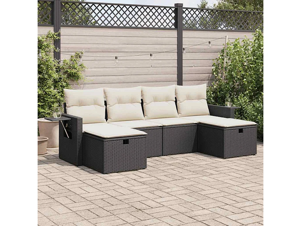 6-delige Loungeset met kussens poly rattan zwart