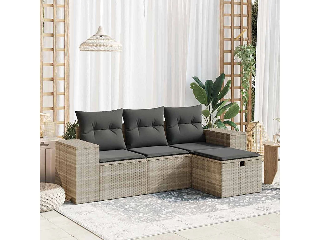 4-delige Loungeset met kussens poly rattan lichtgrijs
