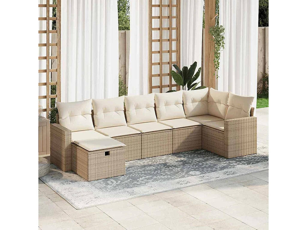 7-delige Loungeset met kussens poly rattan beige