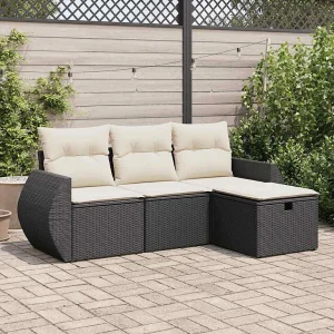 4-delige Loungeset met kussens poly rattan zwart 4-delige Loungeset met kussens poly rattan zwart