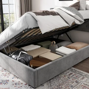 140x200cm fluwelen opbergbed – links en rechts hefbaar – Grijs 140x200cm fluwelen opbergbed – links en rechts hefbaar – Grijs