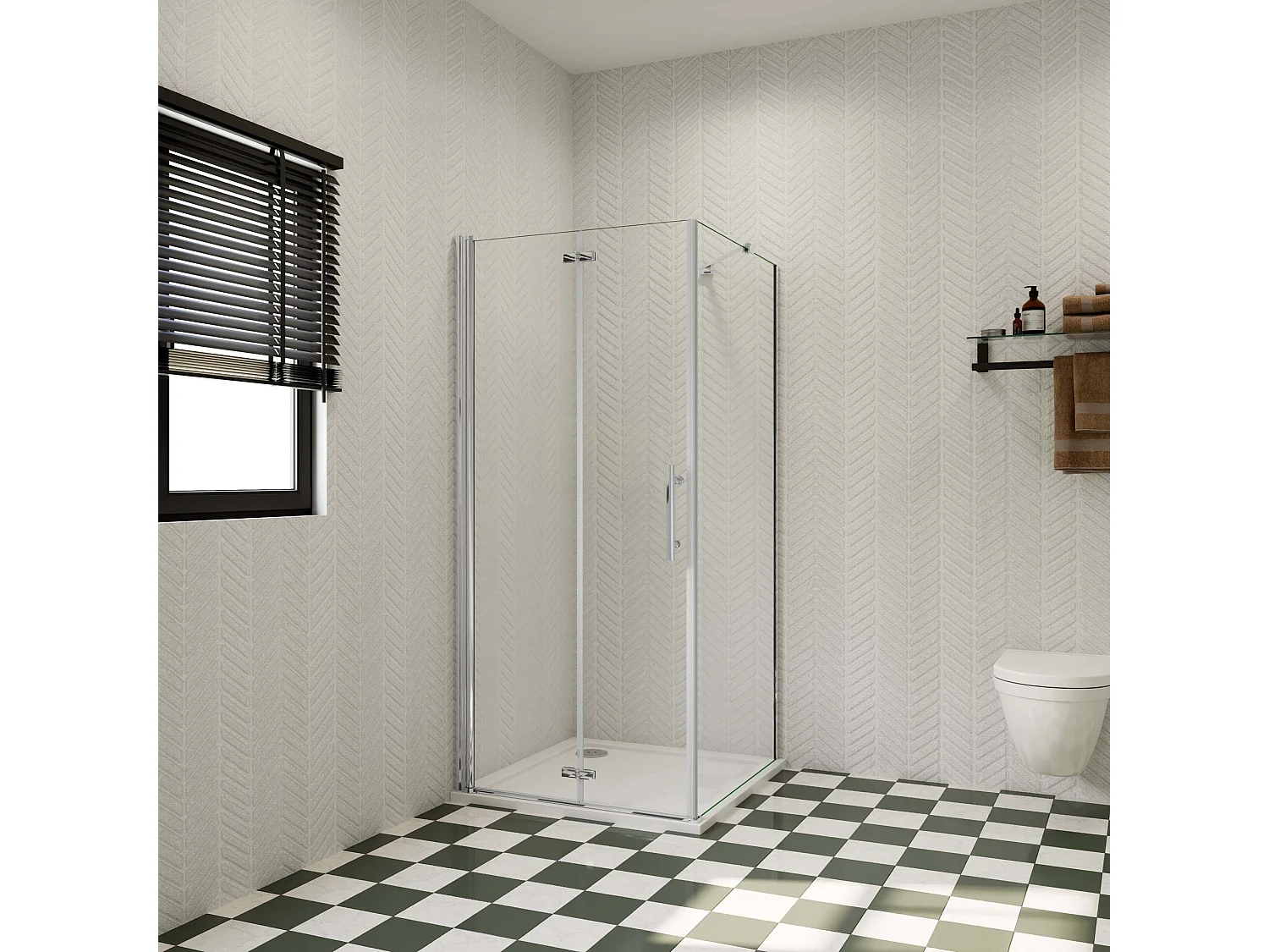 B:80xD:100xH:195cm Douchecabine,draaideur + zijpanelen,6mm NANO EasyClean veiligheidsglas,45cm Stabilisatiestang (draaibaar),profiel van glanzend chroom.